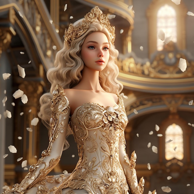 Barbie-pop blond met gouden jurk en kroon als prinses staat door AI gegenereerd beeld