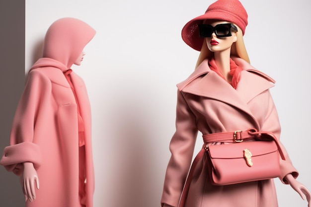Foto barbie-pop in bontjas en schoenen op roze achtergrond minimalisme mode-indeling top uitzicht plat leggen