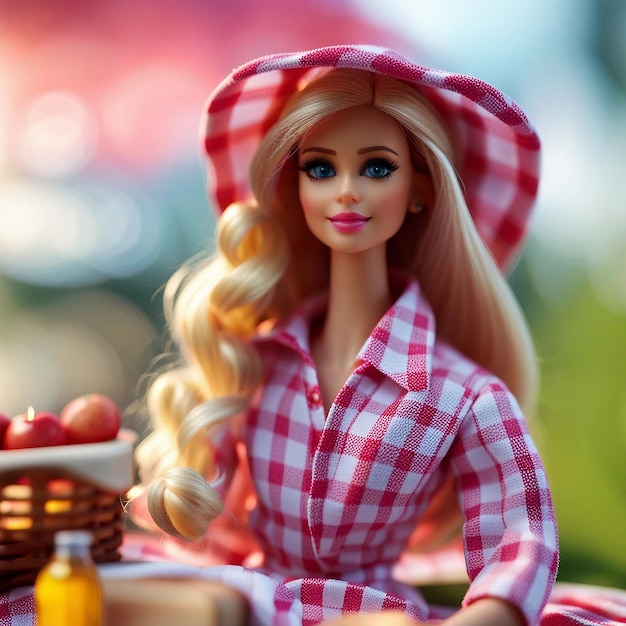 Foto barbie-pop met een picknick in het park.