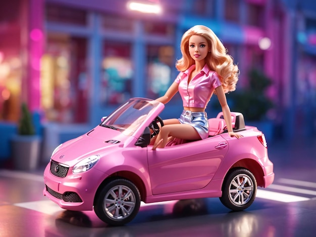 Barbie-pop rijdt in een auto