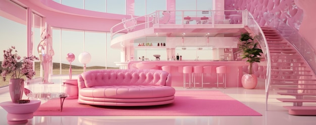 Barbie pop roze interieur modern huis elk meubilair is roze panorama Generative Ai