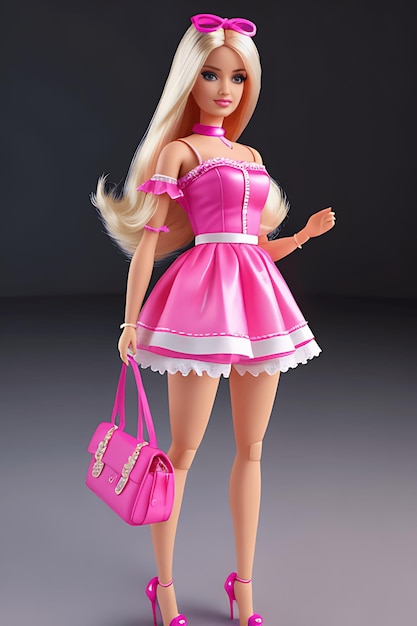 Foto barbie pop schattig blond meisje outfit roze behang achtergrondontwerp