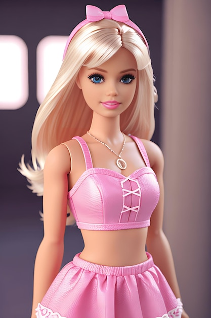 Foto barbie pop schattig blond meisje outfit roze behang achtergrondontwerp