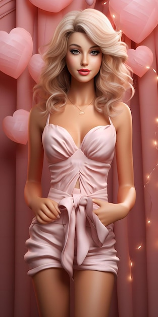 Barbie pop schattig blond meisje outfit roze behang