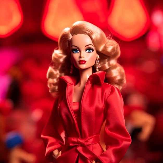 Barbie's Enchanting Red Ensemble Amidst a Blurred Backdrop