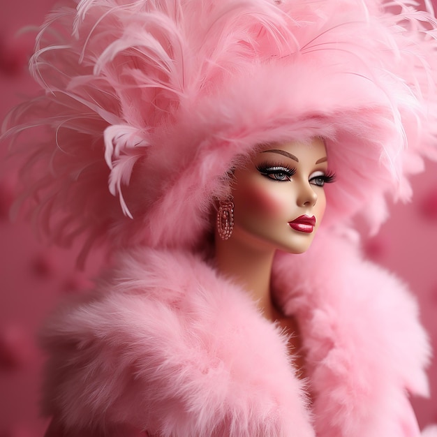 Barbie's Fashion Extravaganza Een close-up van een elegante vrouw in roze veren