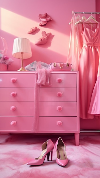 Barbie's style with clothes shoes dress and closet in bedroom