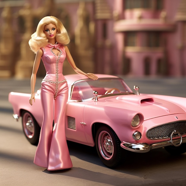 Foto barbie's ultimate adventure affascinante e in movimento con la sua auto chic e la sua sedia elegante