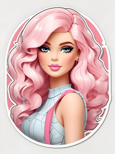 Barbie sticker happy soft color hand drawn contour vector white background detailed