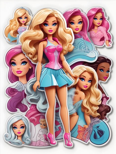 Barbie sticker happy soft color hand drawn contour vector white background detailed