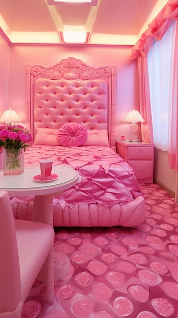 Photo a barbie style pink bedroom with no people and pink furniture floor pillow sofa decorations