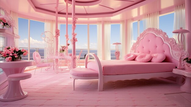 A barbie style pink bedroom with no people and pink furniture floor pillow sofa decorations