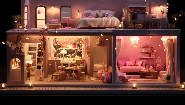 Photo barbie style the tiny doll house on the street in the style of atmosphere of dreamlike quality