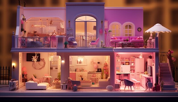 Barbie style the tiny doll house on the street in the style of atmosphere of dreamlike quality