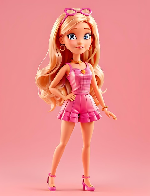 Барби в летнем модном наряде на розовом фоне Сгенерировано AI