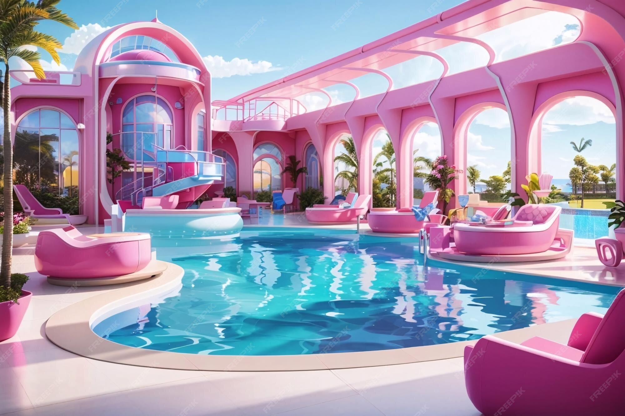 Premium AI Image | Barbie swimming pool design in Barbie dream house design in the future