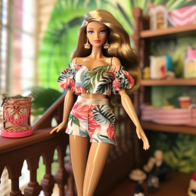 Premium AI Image  Barbie in Ruffled offtheshoulder blouse with a straw  tote bag and ankle boots Generative AI