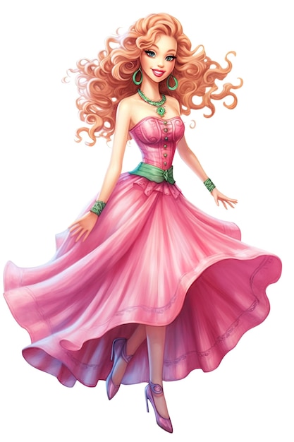 Barbie Watercolor style white background pink outfit