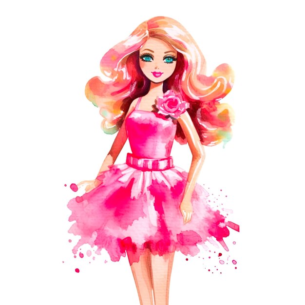 Barbie Watercolor style white background pink outfit