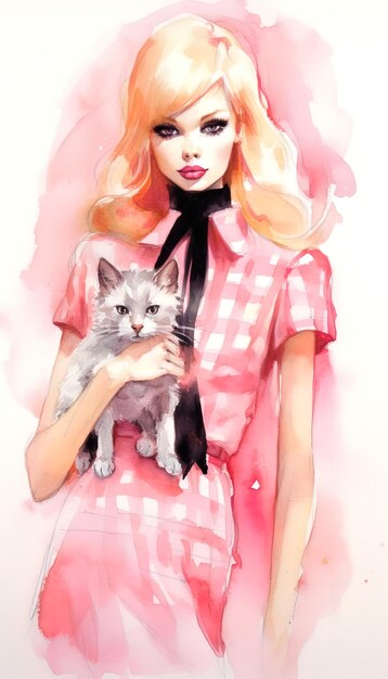 Barbie Watercolor style white background pink outfit