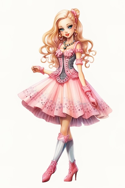 Barbie Watercolor style white background pink outfit