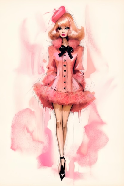 Barbie Watercolor style white background pink outfit