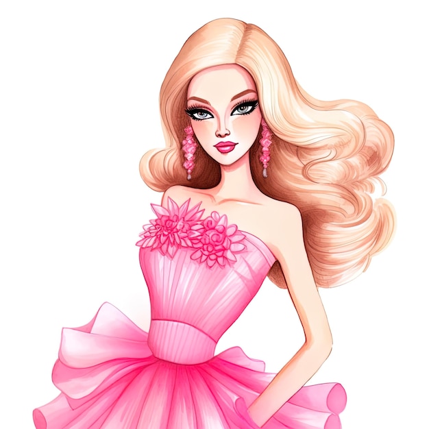 Барби Акварель стиль белый фон розовый наряд