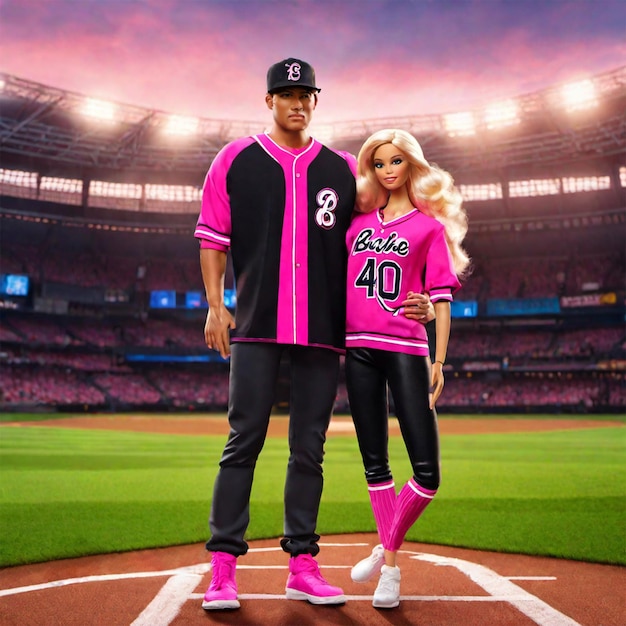 Barbie wearing colorful baseball jersey in a stadium