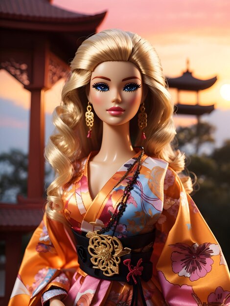 barbie wearing oriental clothes with a sunset in the background