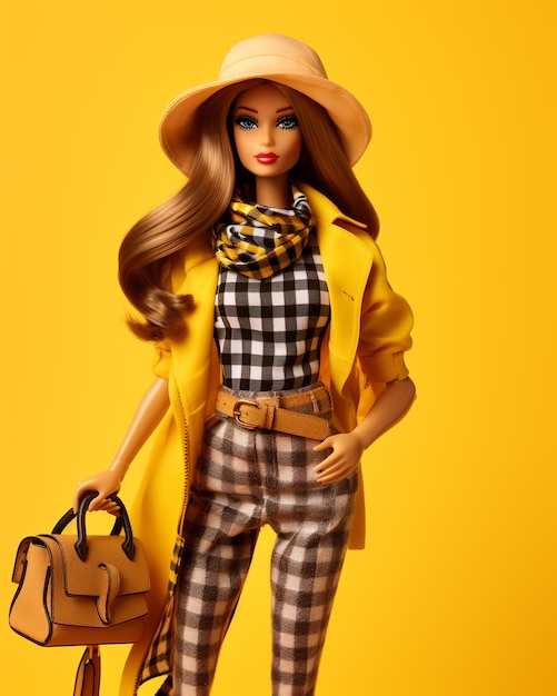 Barbie wearing trendy yellow outfit on yellow background