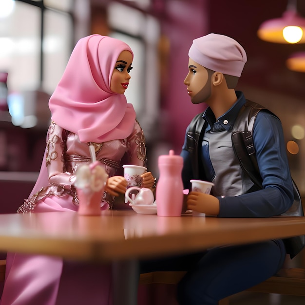 Barbie with Ken in Muslim style with a headdress at the table