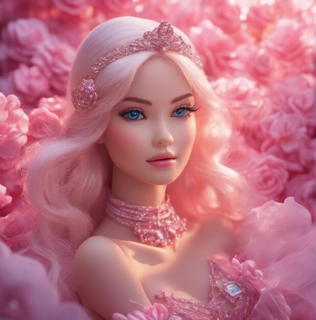 Фото Барби с розовой короной стоит перед розовыми цветами