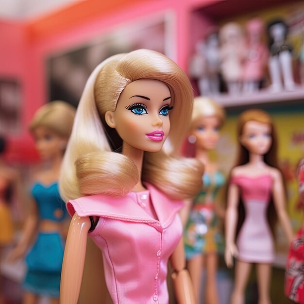 Foto barbie con il vestito rosa sfondo rosa da vicino