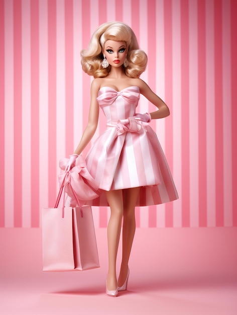 Foto barbie con borse della spesa in abito rosa su sfondo rosa colore morbido miscelazione composizione a righe