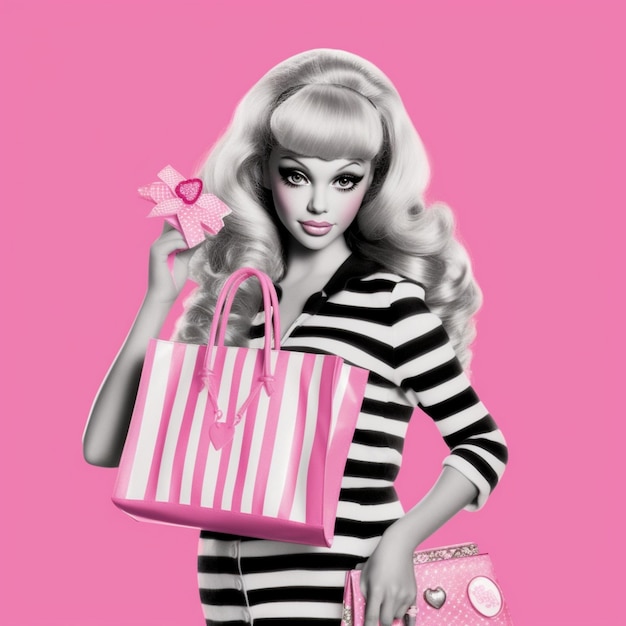 Barbie with shopping bags in pink dress on pink background