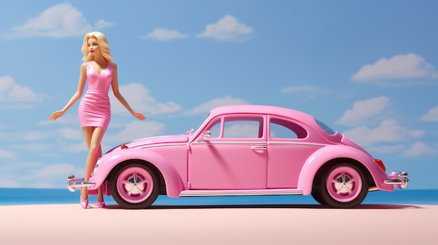 Foto barbiepop die zich bovenop een roze auto op een strand bevindt generatieve ai