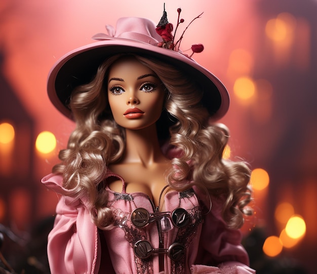 Barbiepop in een roze heksenkostuum Halloween