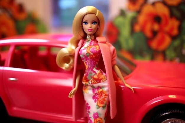 Barbiepop in roze jurk en jas naast een auto