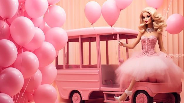 Barbiepop in roze trein met roze ballonnen en roze pastelachtergrond