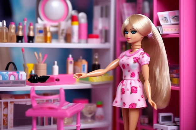 Barbiepop voor kinderen op haar slaapkamer
