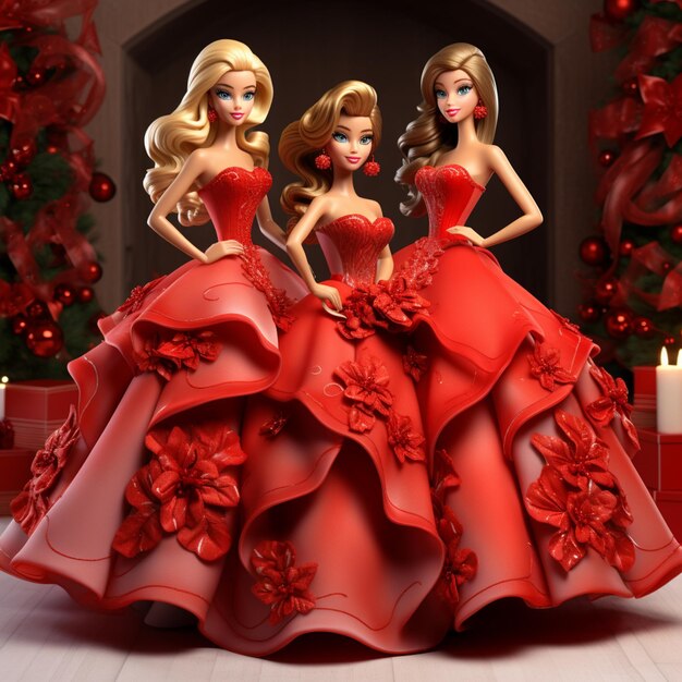 barbies in red dresses standing in front of a christmas tree generative ai