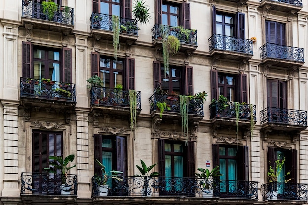 바르셀로나, 카탈로니아, 스페인, 2019년 9월 22일. 외부 역사적 건물의 세부 사항. 창문과 벽에 고대의 부조. 건축 디자인 요소입니다.