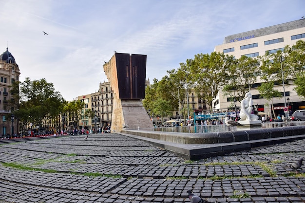 Barcelona Spain October 03 2019 fountain at the Catalonia Square La Placa de Catalunya in Barcelona Spain