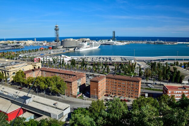 Barcelona Spain October 3 2019 Aerial view of port of Barcelona Spain