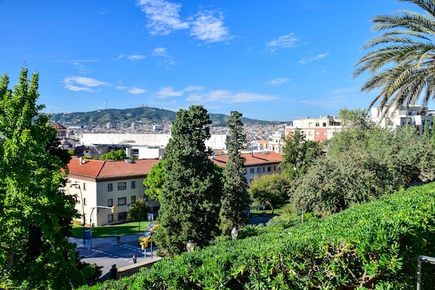 Barcelona Spain October 3 2019 view of the city from Guell Park by architect Gaudi on autumn day in Barcelona Spain