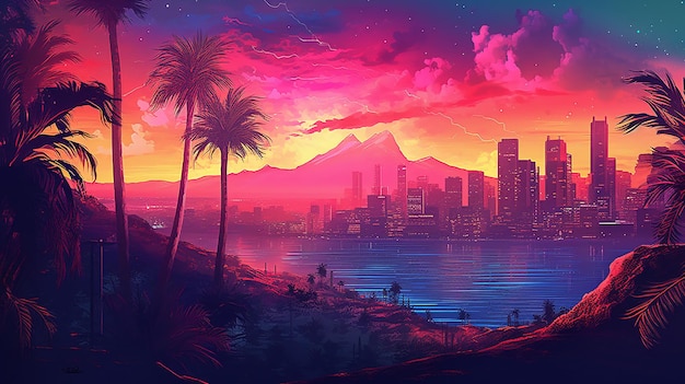 Barcelona Spanje skyline landschap Synthwave vapor wallpaper Generatieve AI