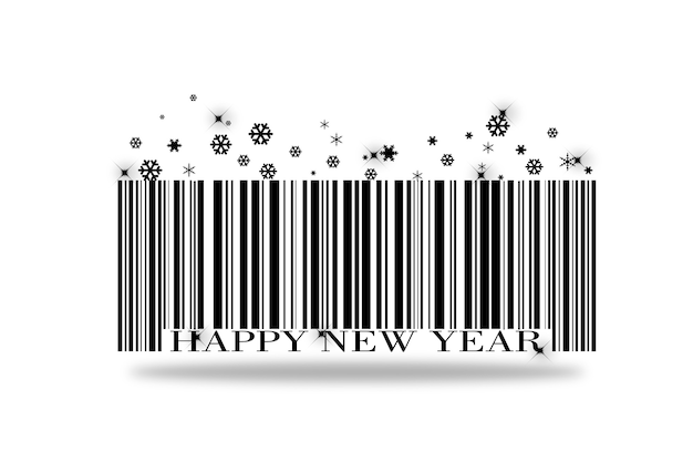 Foto codice a barre felice anno nuovo su sfondo bianco