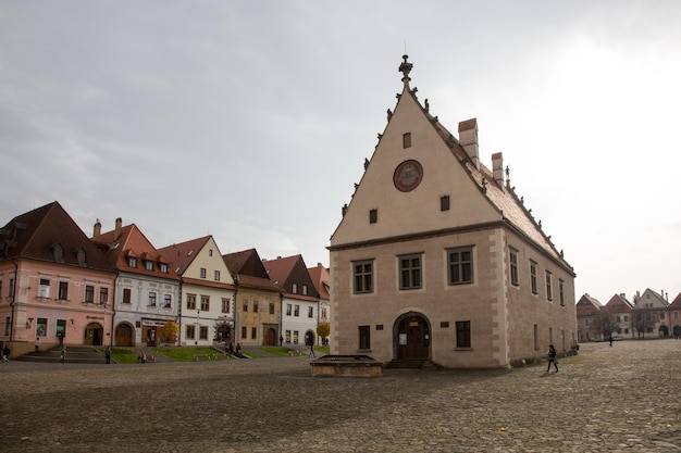 BARDEJOV SLOVAKIA November 7 2014 Autumn view of old town market square with gothic Basilica of St Giles in Bardejov Slovakia