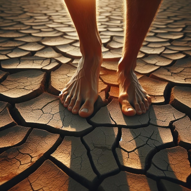 Bare feet on dry cracked soil