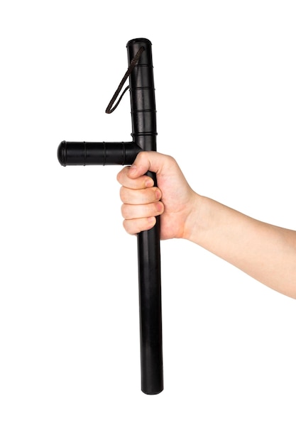 Bare hand with black rubber police baton isolated on white background